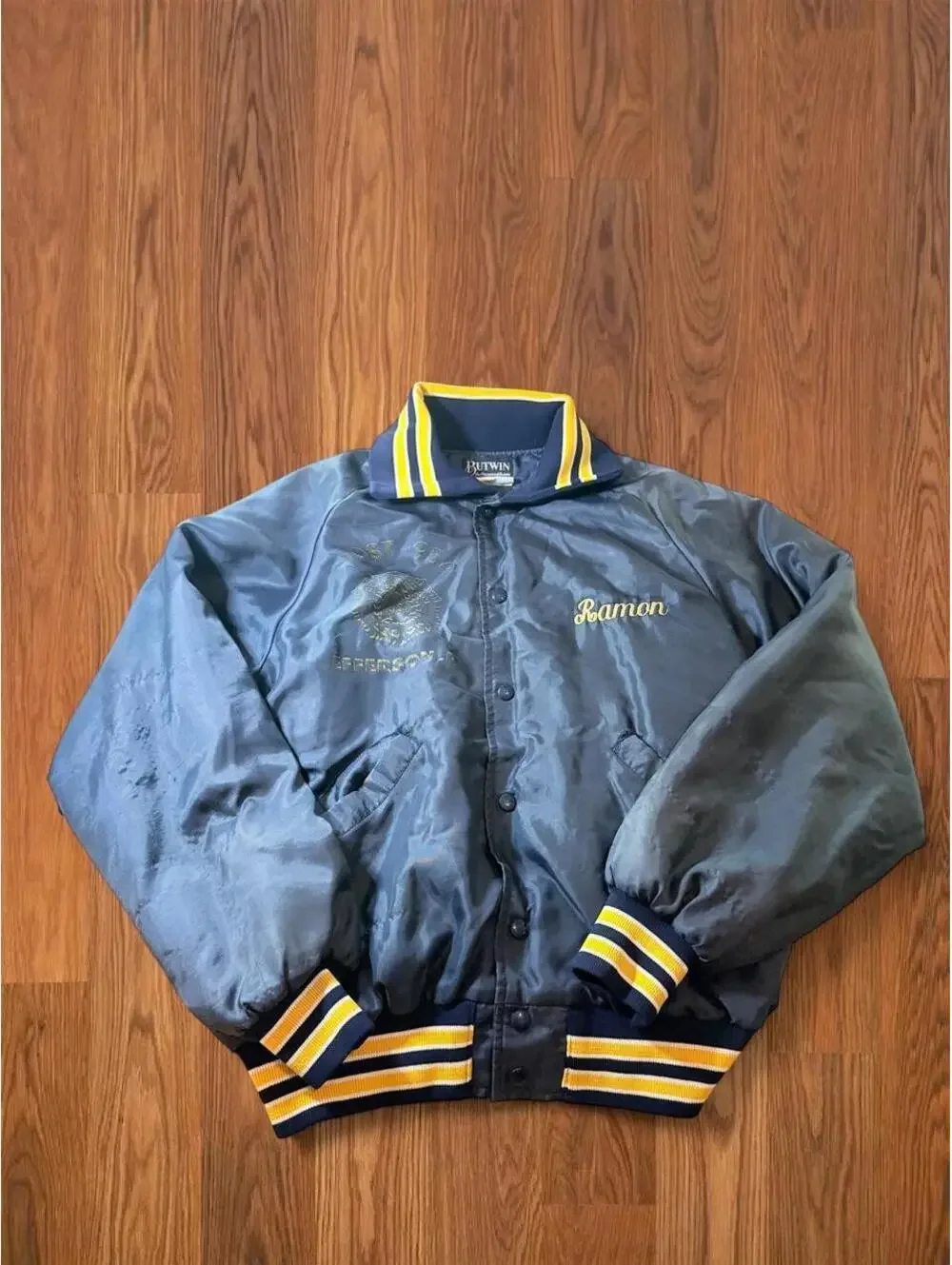 Vintage Butwin Men’s Navy Blue Varsity Bomber Jacket Yellow Stripe Button Up